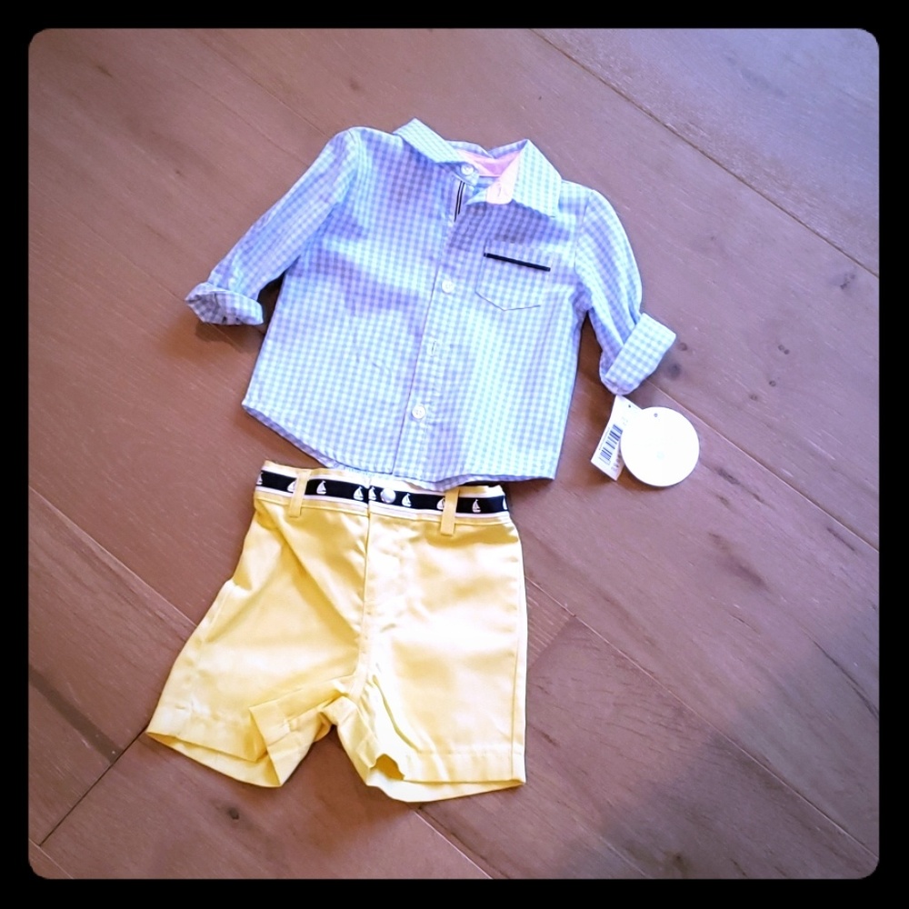Blue white plaid button up yellow shorts